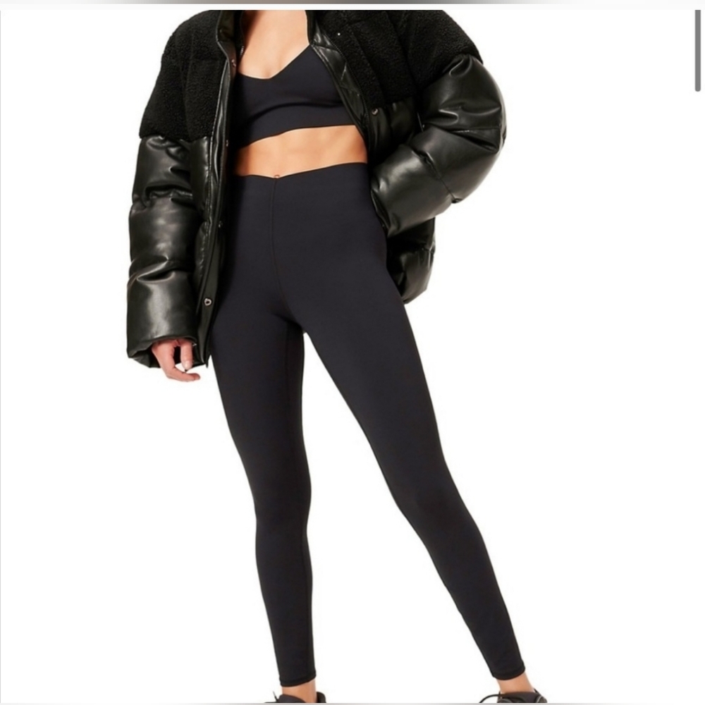 Faux leather sherpa cocoon puffer jacket